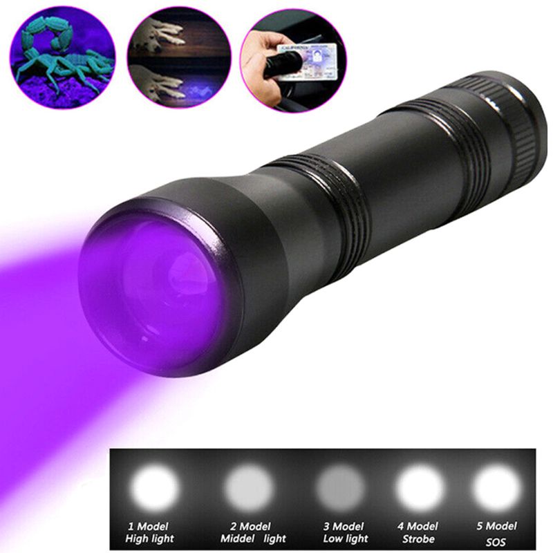 Đèn Pin UV Mini Bằng Nhựa 5 Chế Độ Điều Chỉnh Được Màu Đen