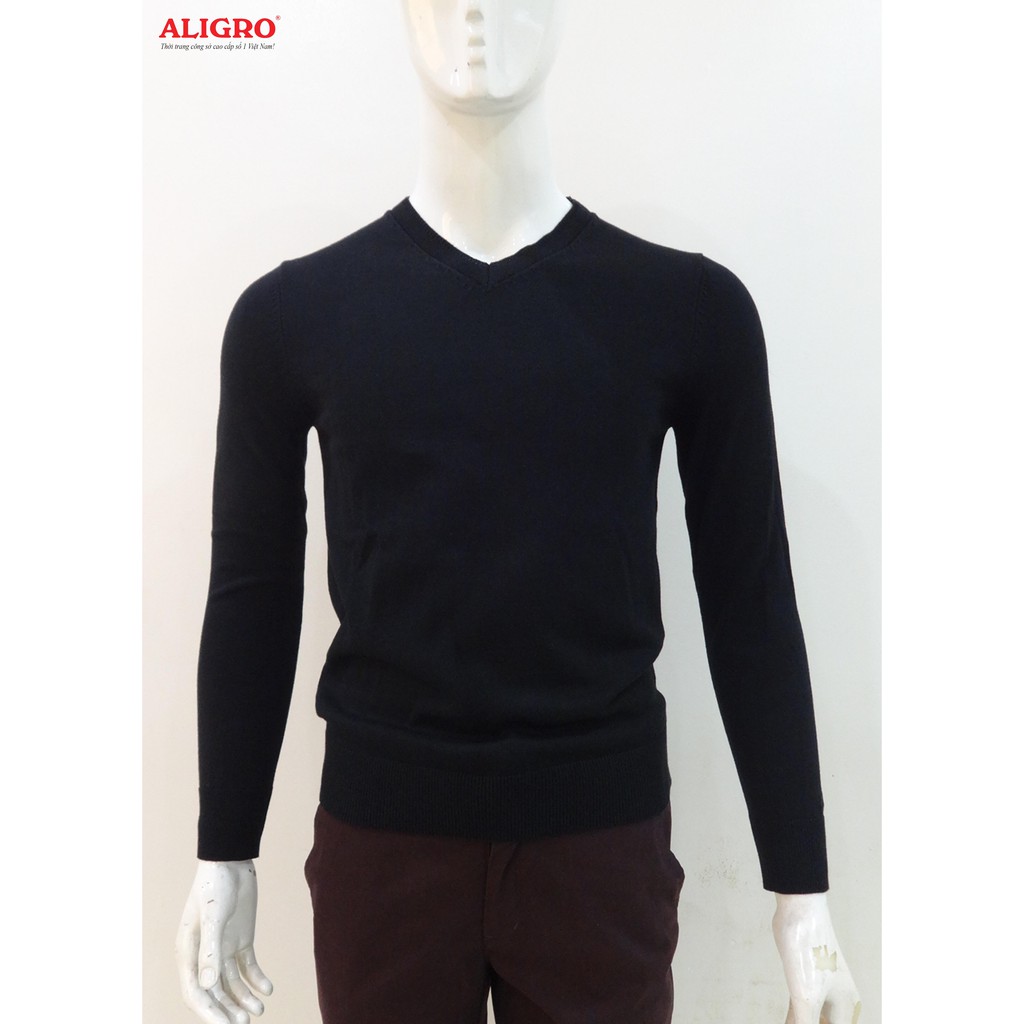 Áo len nam dài tay ALIGRO cổ tim 100% chất liệu len form slimfit màu đen ALEND046