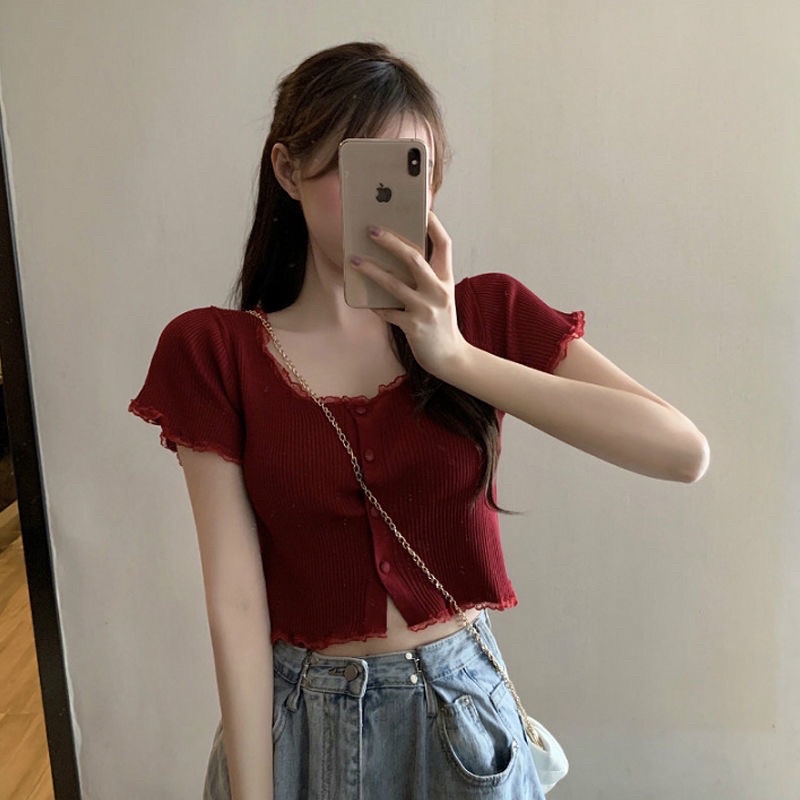 áo thun nữ croptop tay ngắn cổ tròn bánh bèo cực xinh