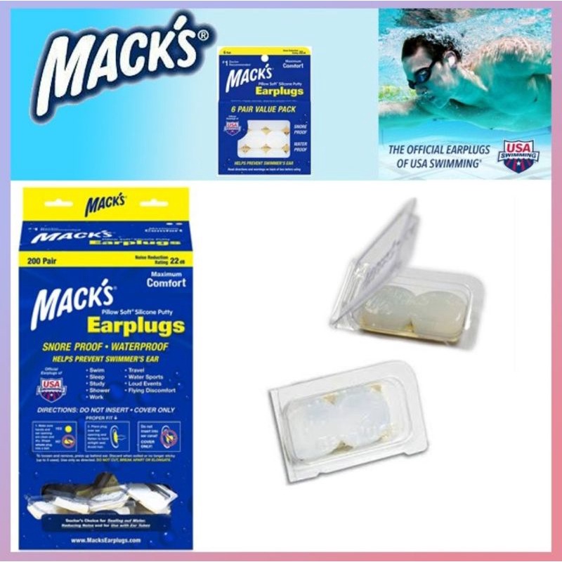 Một đôi nút bịt tai chống ồn, chống nước khi đi bơi bằng silicon Mack's kèm hộp nhựa trong bảo quản