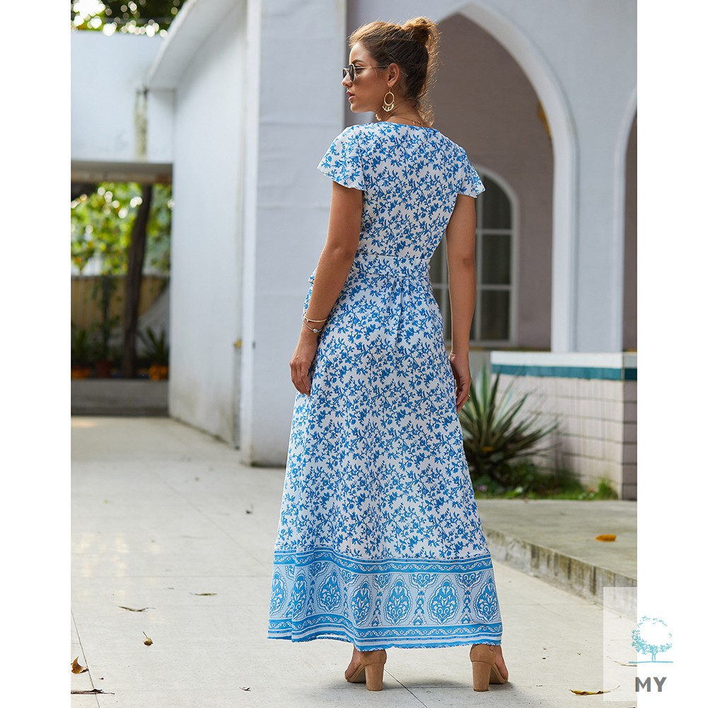 Đầm Dài Tay Ngắn Cổ Chữ V In Họa Tiết Hoa Phong Cách Boho Thời Trang Cho Nữ | BigBuy360 - bigbuy360.vn