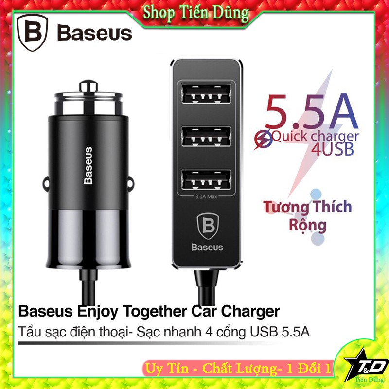 Tẩu sạc xe ôtô Baseus Enjoy Together Car Charger 4 cổng USB sạc nhanh 5V/5.5A Max cho điện thoại và máy tính bảng