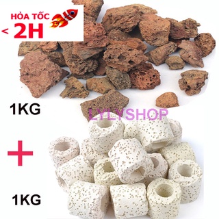 Đá Nham Thạch (1kg) + Sứ Lọc (1KG) loại đẹp, vật liệu lọc nước hồ cá, bể cá,loại bỏ kim loại nặng, bổ sung khoáng chất