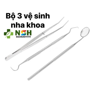 [HÀNG LOẠI 1] Bộ 3 dụng cụ khay khám nha khoa không gỉ hàng Pakistan gồm gương nha khoa, thám trâm, nhíp gắp cong 16cm