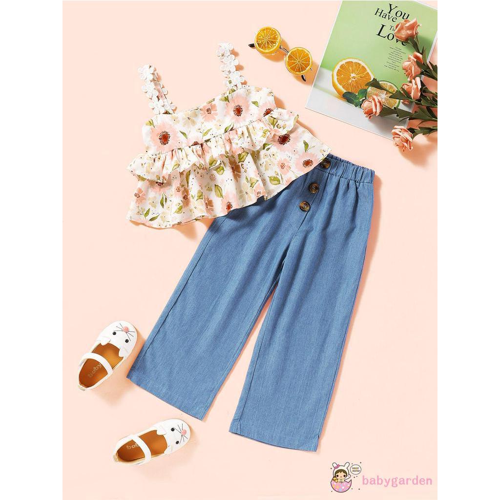 Áo Trễ Vai Và Quần In Hoa Cho Bé Gái