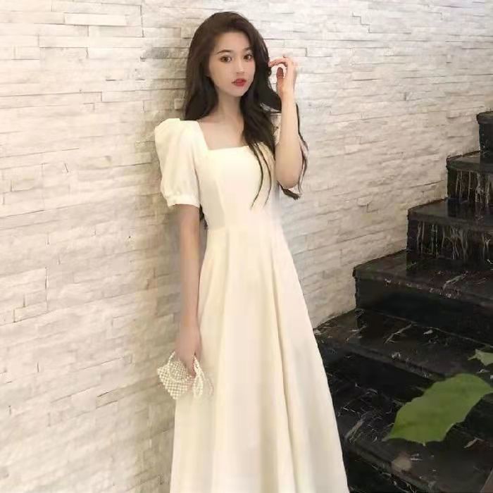 Đầm Dài Cổ Vuông Eo Cao Phong Cách Retro Pháp Thanh Lịch Dành Cho Nữ