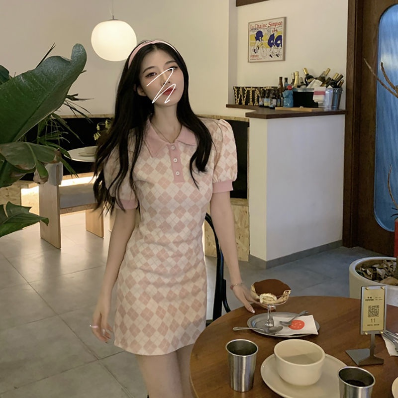 COZOK Đầm Tay Ngắn Cổ polo Họa Tiết Hình Thoi Hợp Thời Trang