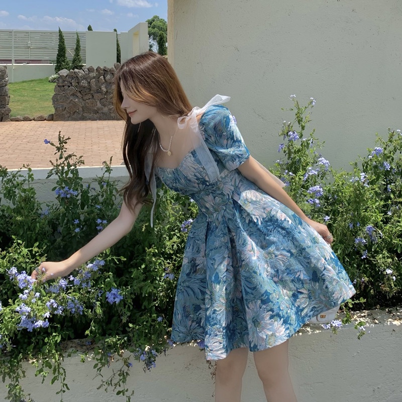 [MURIOKI] Đầm Mini Dáng Chữ A Cổ Vuông Tay Ngắn Phồng Phối Lưới Thắt Nơ Phong Cách Pháp Thời Trang Cho Nữ