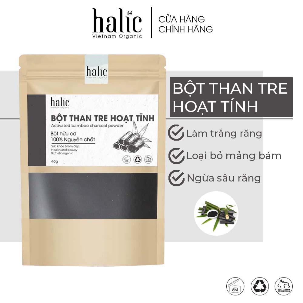Bột Than Hoạt Tính đánh trắng răng Halic Organic 40G nguyên chất làm sạch mảng bám cao rang vết ố vàng khử mùi hôi miệng