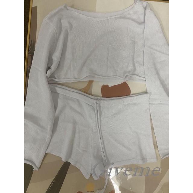 Set Áo Croptop 2 Dây Dệt Kim Màu Trơn / Áo Trễ Vai + Quần Short Lưng Thun Size S / M / L Thời Trang Cho Nữ
