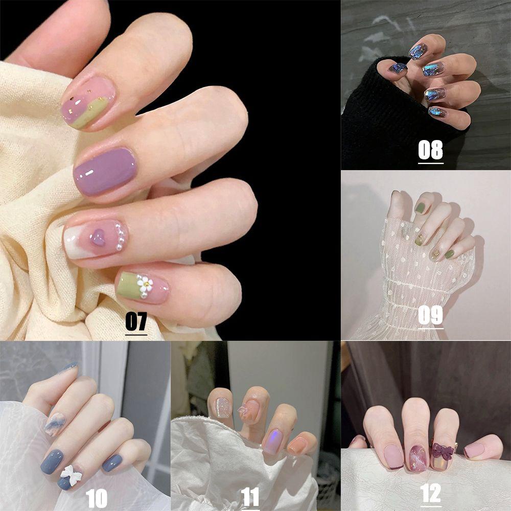 Bộ 24 Móng Tay Giả Ngắn / Tròn / Vuông Che Phủ Toàn Diện Kiểu Pháp