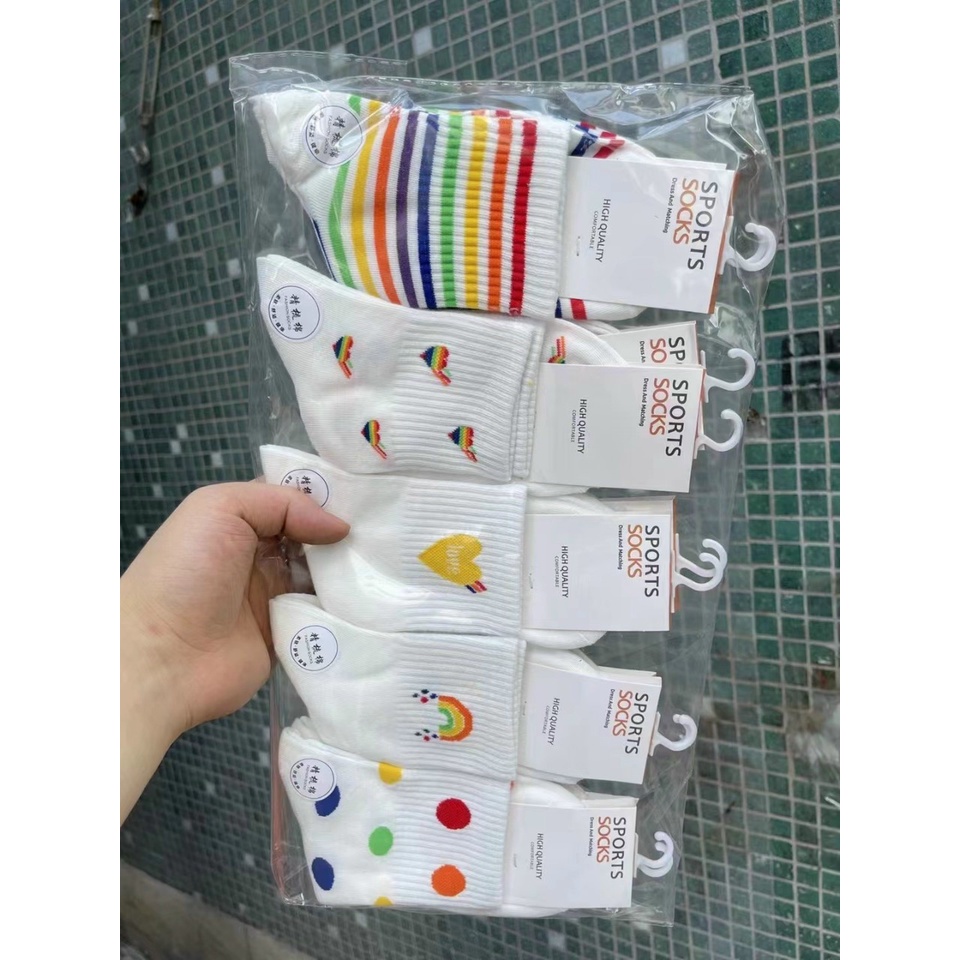 Tất Nữ Vớ Nữ Cổ Cao Set 5 Đôi Nhiều Màu Họa Tiết Dễ Thương Cute Chất Liệu Cotton Phong Cách Hàn Quốc- hàng tag