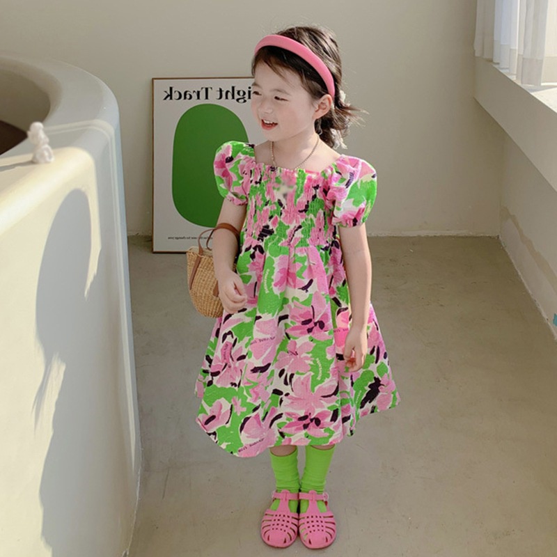 Đầm Bé Gái Đầm Tay Ngắn Cổ Vuông In Hoa Thời Trang Mùa Hè Dành Cho Bé Gái Se7en