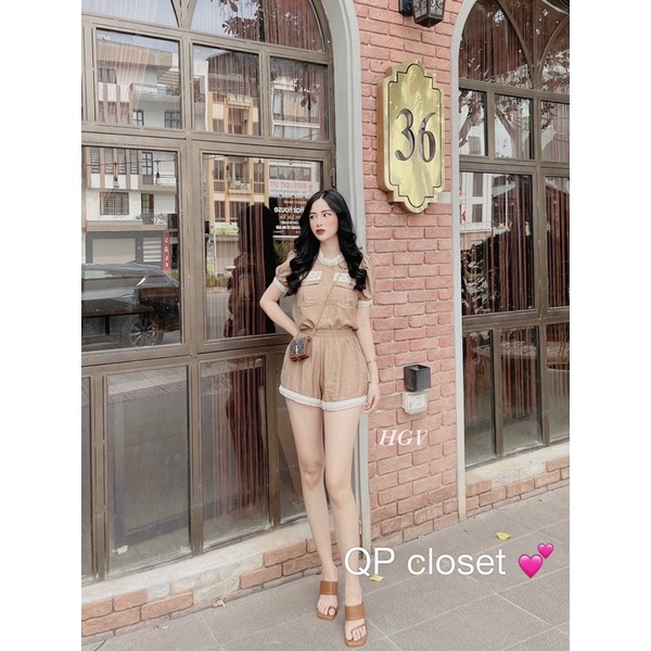 bộ đũi viền ren ngọc cổ tròn nâu tây mix quần đùi/quần short