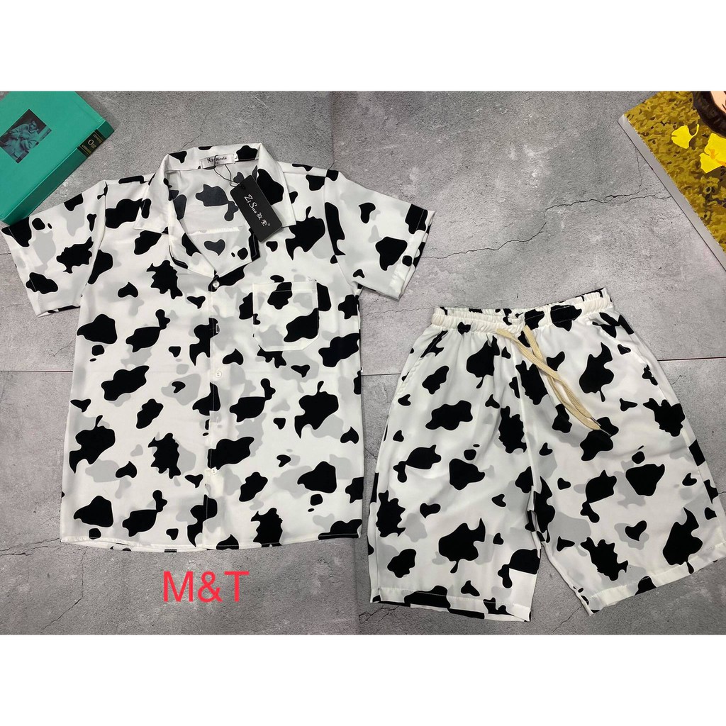 Bộ Đồ Mặc Mùa Hè Chất Lụa, Bộ Lụa Họa Tiết Bò Sữa Cực Đẹp Cực Mát