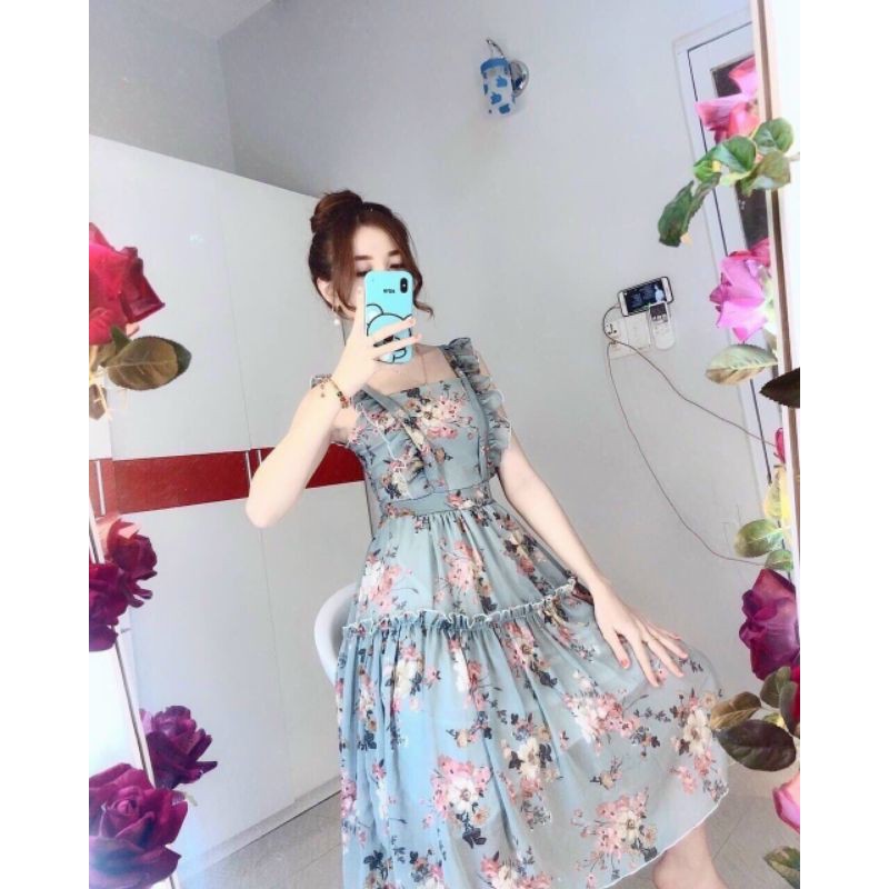 Đầm xòe hai dây cánh tiên họa tiết hoa lá