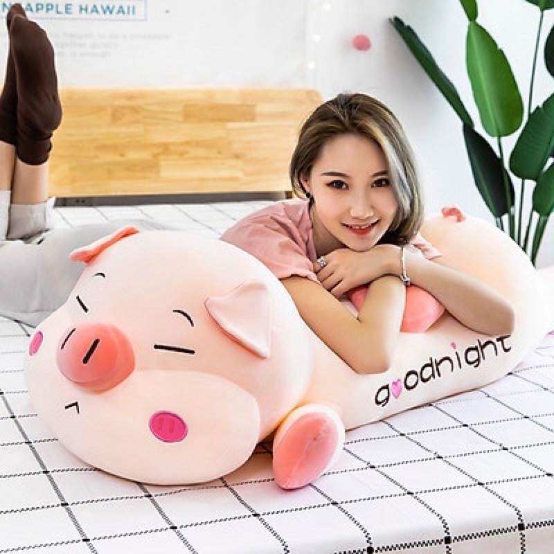 Gấu Bông Heo Cánh Tim Nằm Siêu Đẹp - Gối Ôm Heo Nằm Size to 1m1/90cm/75cm