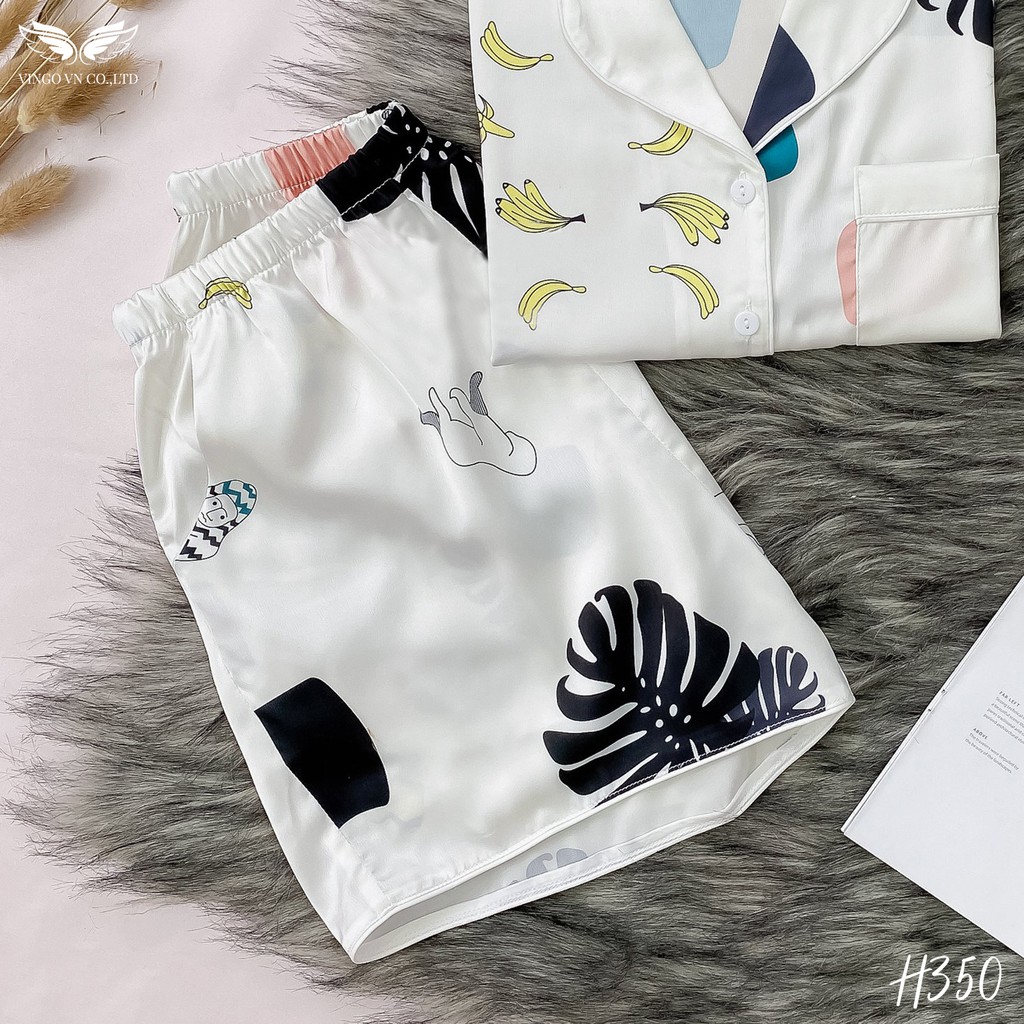 VINGO Bộ Pijama Nữ Mặc Nhà Mùa Hè Lụa Pháp Tay Cộc Quần Cộc Họa Tiết Chuối Vàng Lá Đen H350 VNGO - TCQC