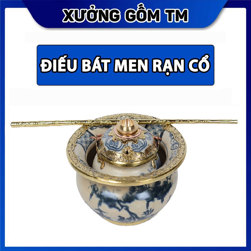 Điêu bát men rạn cổ bọc đồng vẽ phong cảnh gốm sứ Bát Tràng (dieu hut thuoc lao)