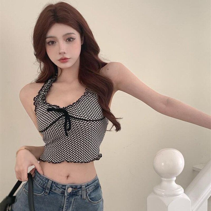 Áo Croptop Hai Dây Dệt Kim Ôm Dáng Đính Nơ Họa Tiết Kẻ Sọc Phong Cách Hàn Quốc Quyến Rũ Cho Nữ