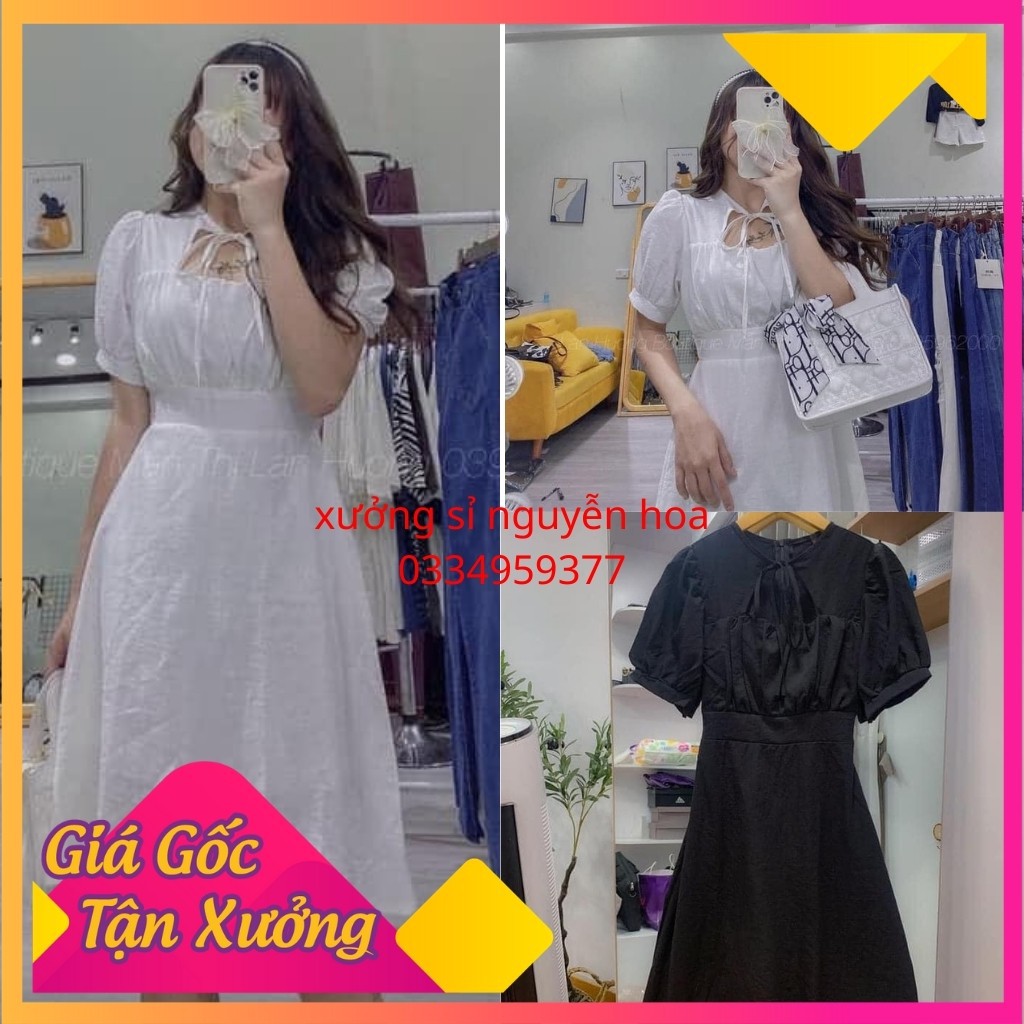 Váy trắng Hepburn buộc dây nơ cổ xinh xắn cá tính 2 màu trắng/đen (kèm video/ảnh thật) | BigBuy360 - bigbuy360.vn
