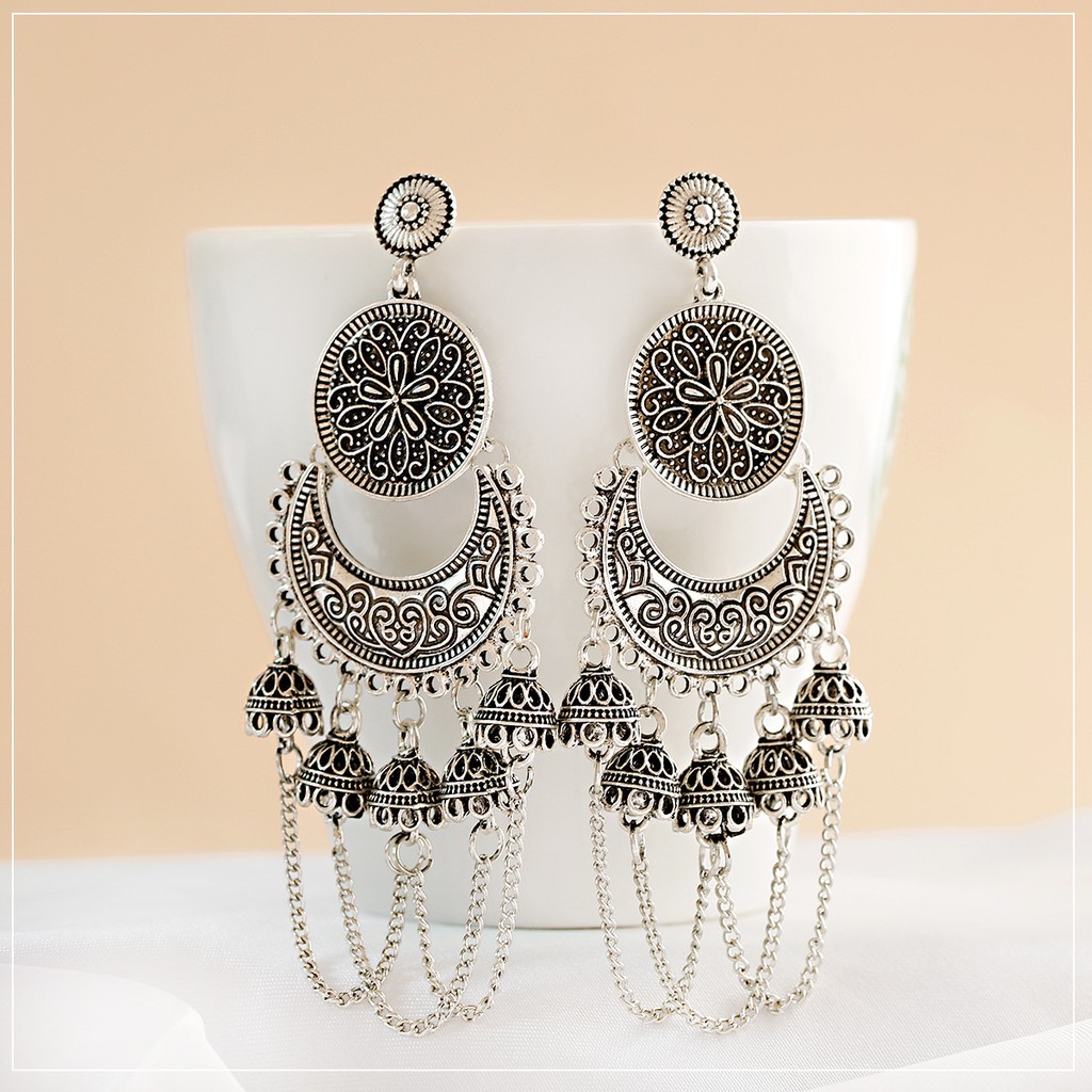 Bông tai đôn hoàng thả dài phong cách boho, Mông Cổ - Tây Tạng