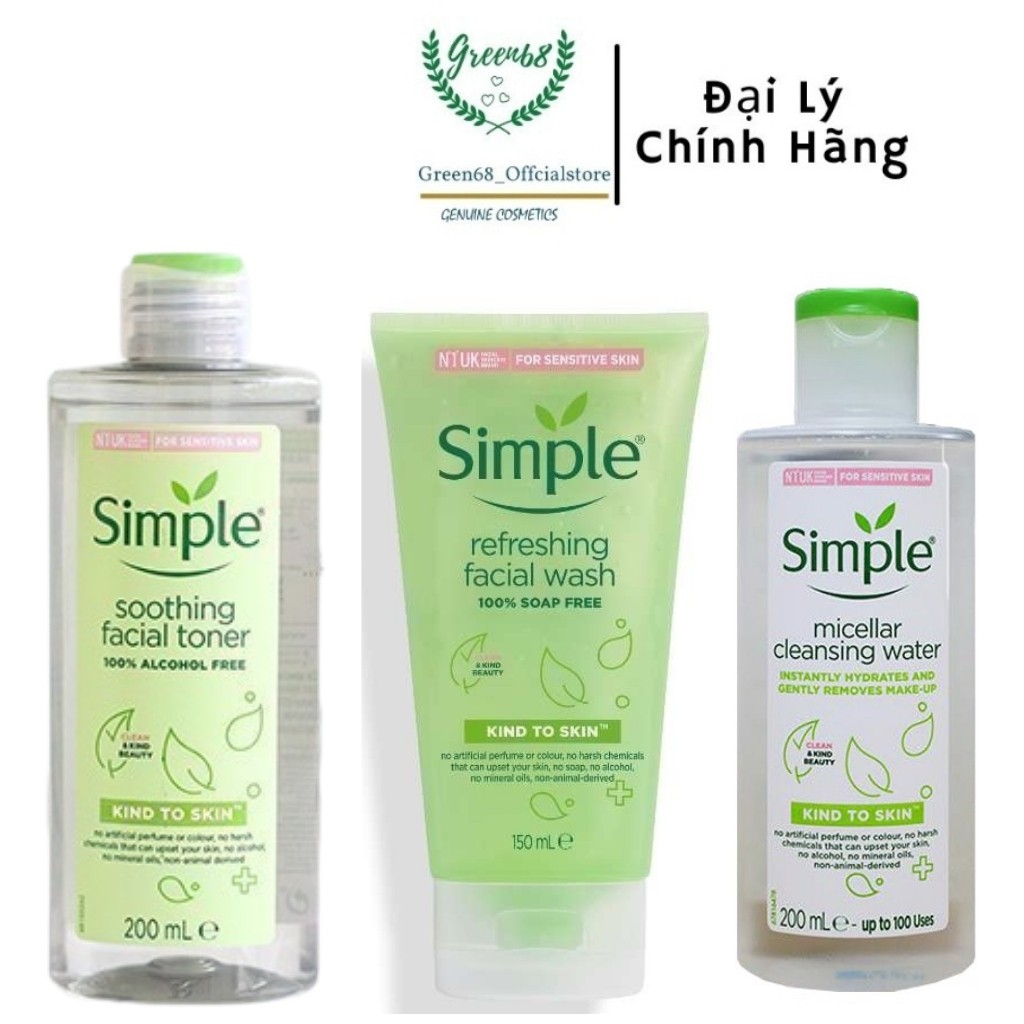 Combo 3 Món Simple Sữa Rửa Mặt 150ml +Nước Tẩy Trang 200ml+ Nước Hoa hồng 200ml