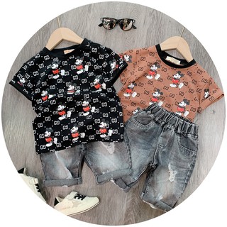 Bộ bé TRai ,Sét Áo Phông Mickey GC Mix Quần Jean Ngố Bé Trai 2 màu nâu đen