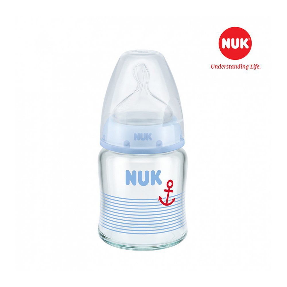 Bình Sữa Nuk Thủy Tinh 120ml Đi Kèm Núm Ty Silicone Cổ Rộng Made in Germany