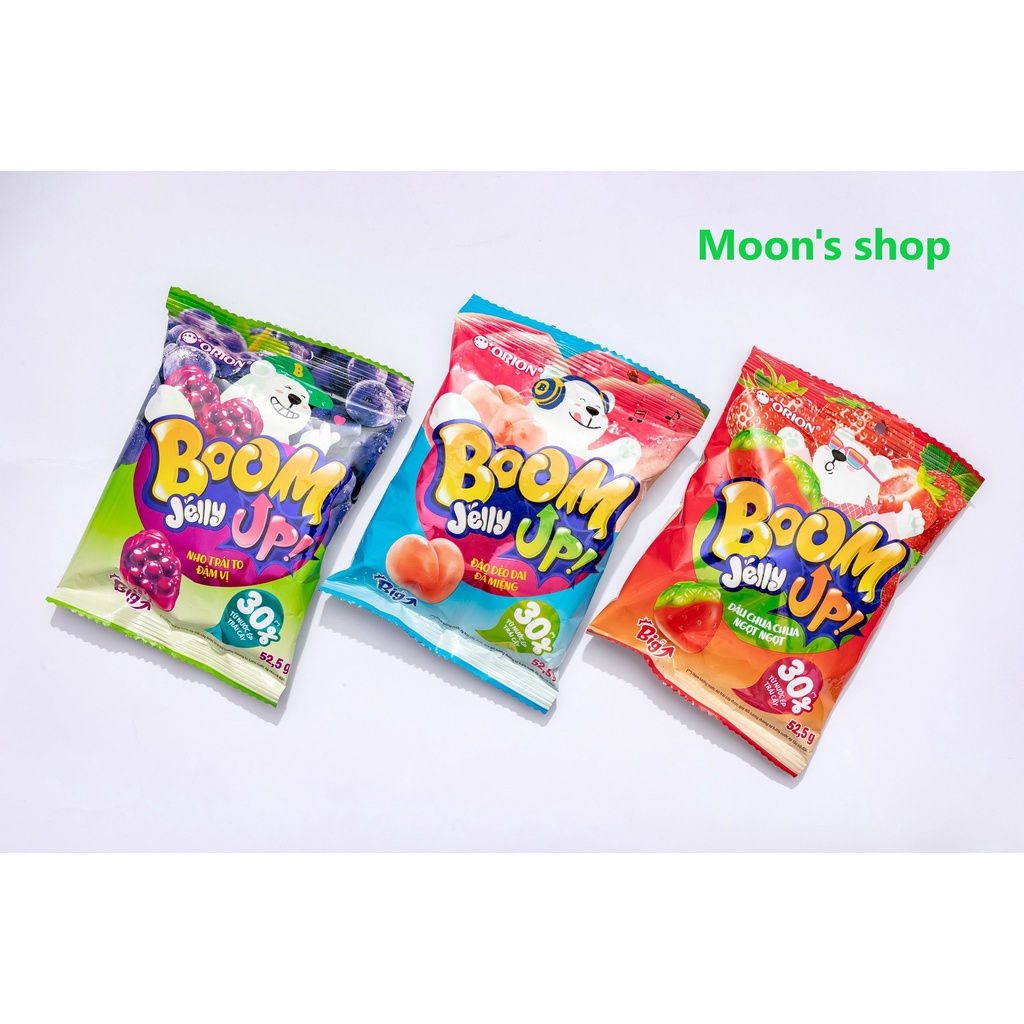 Kẹo dẻo Orion Boom vị Xoài lắc muối ớt, Nho, Đào, Dâu