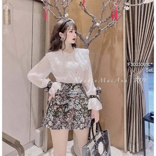 Set áo sơ mi voan trắng cổ bèo tay dài cột nơ phối chân váy hoa ngắn!