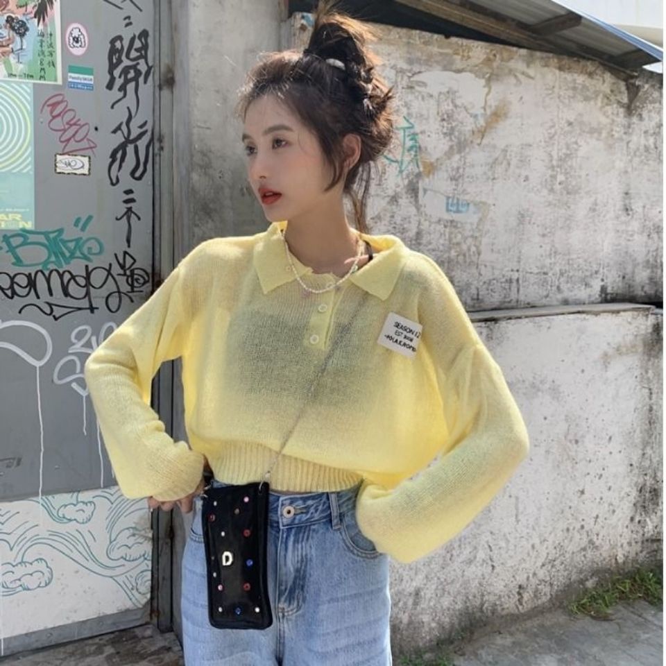 Áo thun Polo dệt kim mỏng tay dài dáng rộng cổ Polo thời trang mùa hè Hàn Quốc mới cho nữ