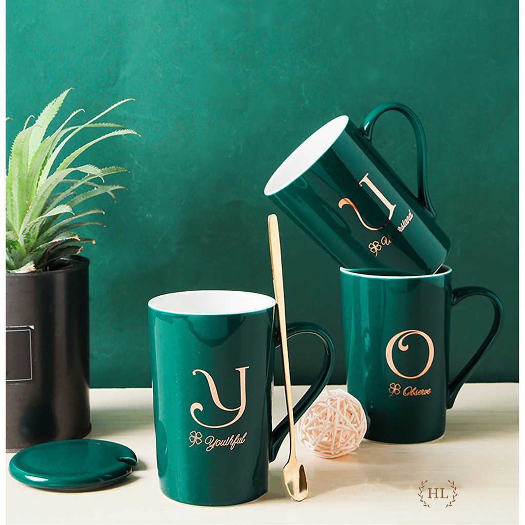 Ly cốc sứ có nắp xanh cổ vịt in chữ vàng kim (Chữ ngẫu nhiên) | LY SỨ XANH NGỌC BÍCH CHỮ VÀNG KIM KÈM THÌA INOX