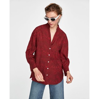 ÁO SƠ MI CỔ CHỮ V THÊU HOA VẢI THÔ ZARA AUTH NEW TAG DÁNG DÀI