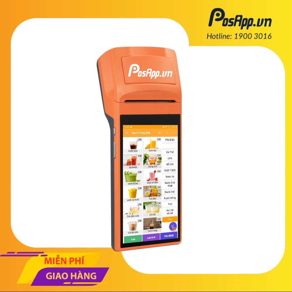 Máy POS bán hàng cầm tay tích hợp in bill Sunmi V1S + 3 tháng phần mềm PosApp, nhận đơn GrabFood, Baemin, Shopee Food