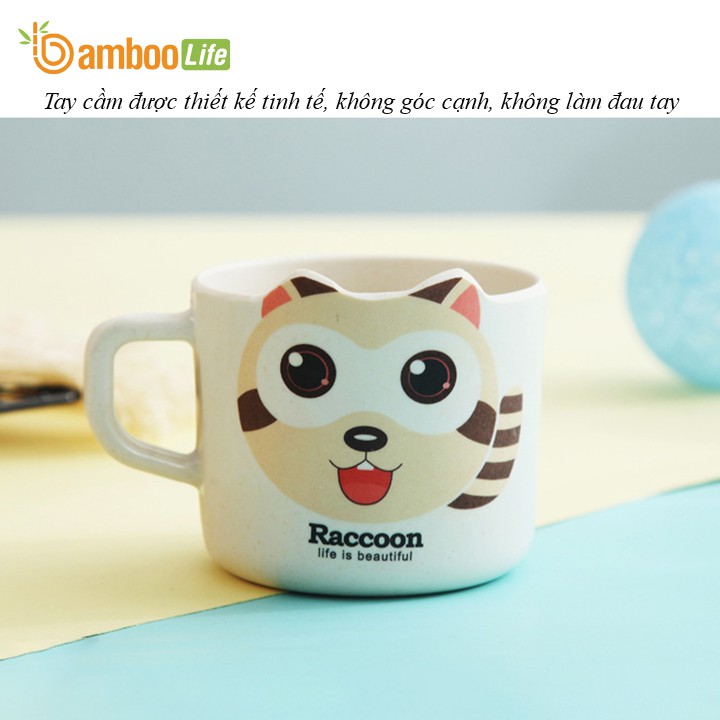 Bát ăn dặm cho bé sợi tre Bamboo Life BL007 khay ăn dặm gồm 5 món gồm thìa, dĩa, khay, bát, cốc hình con mèo cute