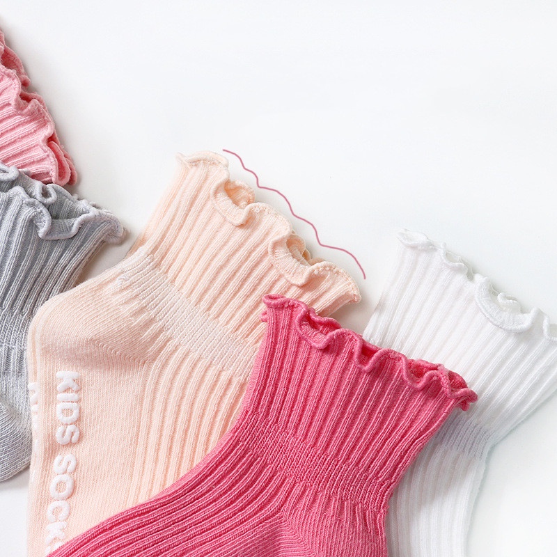 Set 3 Đôi Vớ Cotton Chống Trượt Màu Trơn Phối Ren Dành Cho Bé Gái 0-7 Tuổi
