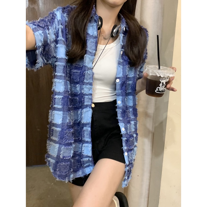 Áo Sơ Mi Tay Ngắn Họa Tiết Kẻ Ô Vuông Thời Trang Phong Cách Hàn Quốc Cho Nữ