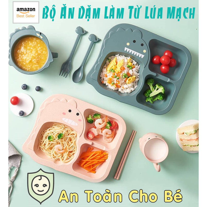 [Amazon Best Seller] Bộ Khay ăn dặm lúa mạch, An Toàn Cho Bé, Full bộ gồm khay, bát, cốc, thìa, nĩa, đũa hình khủng long