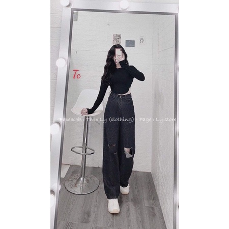 Quần bò ống rộng đen rách TC6 - HÀNG MỚI VỀ