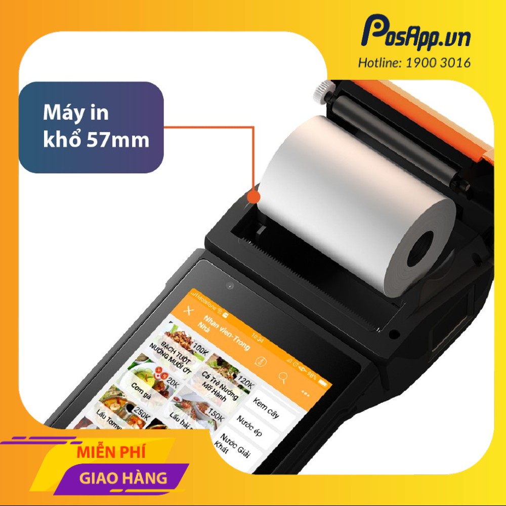 Máy POS cầm tay tích hợp máy in hóa đơn nhiệt Sunmi V2 + 3 tháng phần mềm PosApp, nhận đơn GrabFood, Baemin, shopee food