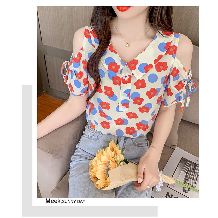 Áo Sơ Mi chiffon Tay Ngắn Cổ Búp Bê Dáng Rộng In Họa Tiết Hoa Thời Trang Mùa Hè Cho Nữ