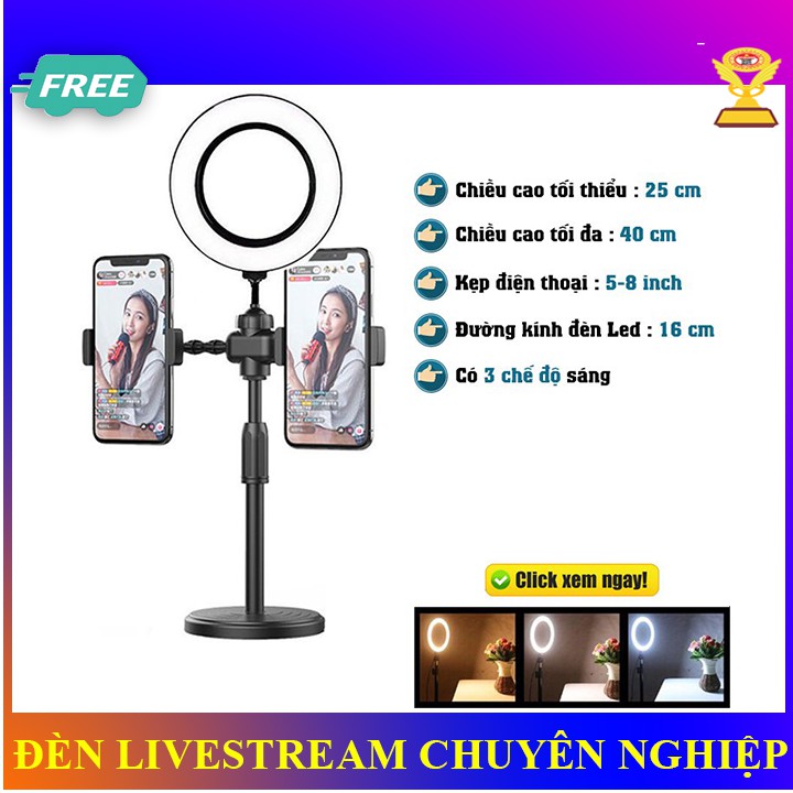 Đèn livestream có 2 giá đỡ điện thoại - Đèn Tiktok 3 chế độ sáng bán hàng, spa, makeup trang điểm