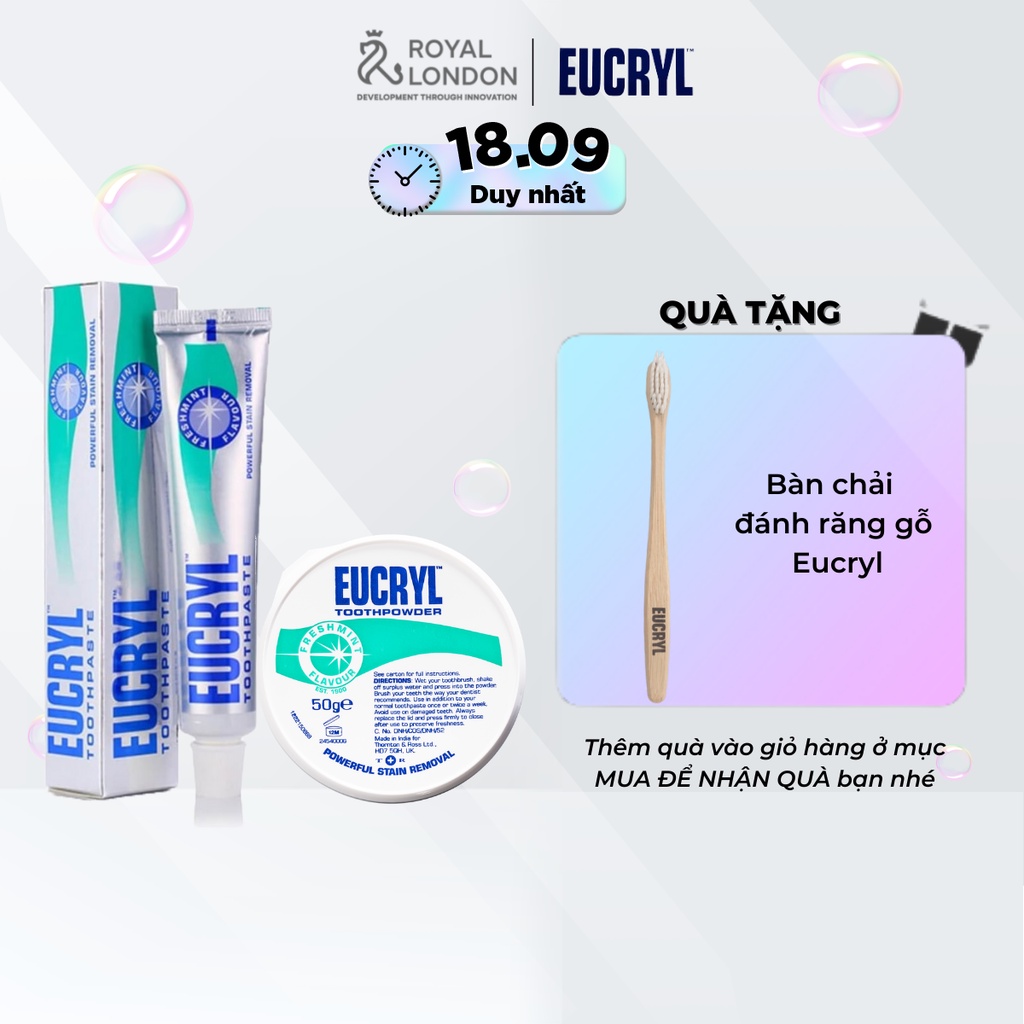 [Mã FMCGMALL -8% đơn 250K] Combo Kem đánh răng Eucryl 62g + Bột tẩy trắng răng Eucryl 50g