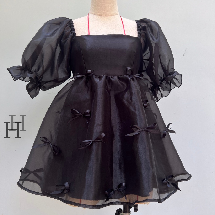 Đầm Babydoll HDT274 xòe tay phồng đính nơ màu đen  Hỉn Hỉn Store