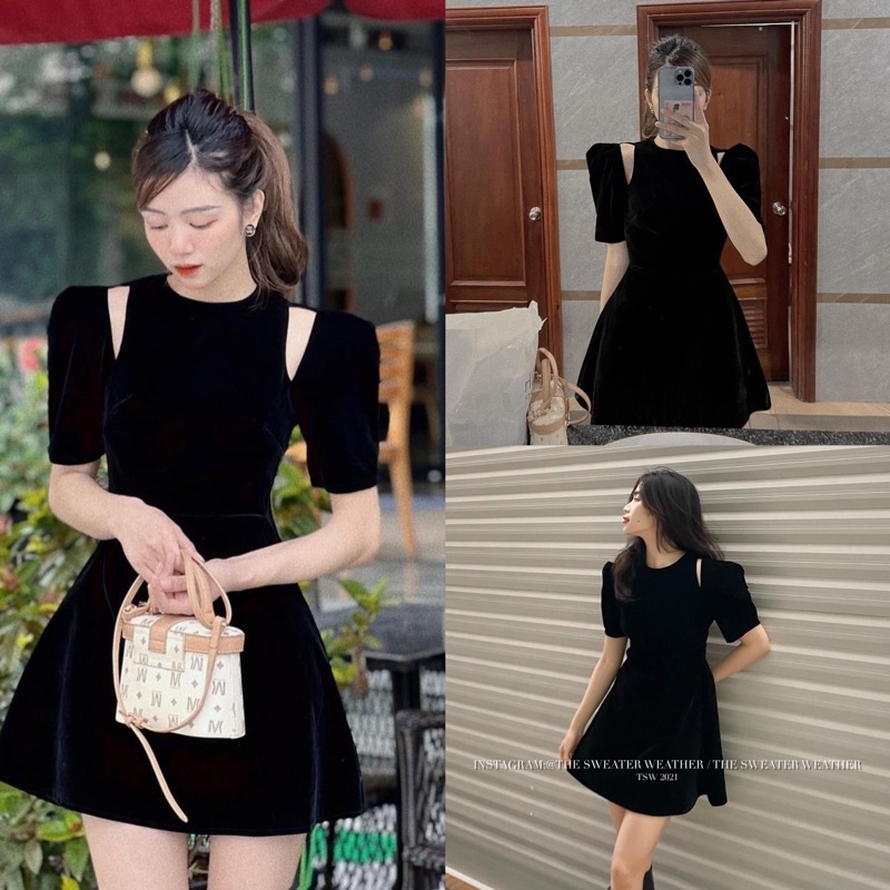 [Ảnh thật/Video] Đầm thiết kế phá cách khoét vai xoè nhẹ sang trọng Váy cổ tròn phong cách của quý cô