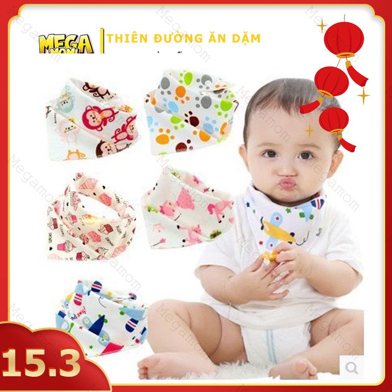 Khăn tam giác cotton thun in hình có cúc bấm- loại đẹp, yếm tam giác cho bé