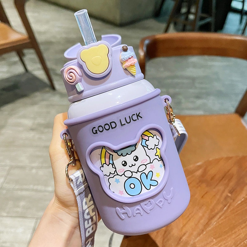 Bình Nước Bằng Thép Không Gỉ 316 Kèm Ống Hút Dễ Thương Tiện Dụng Cho Bé