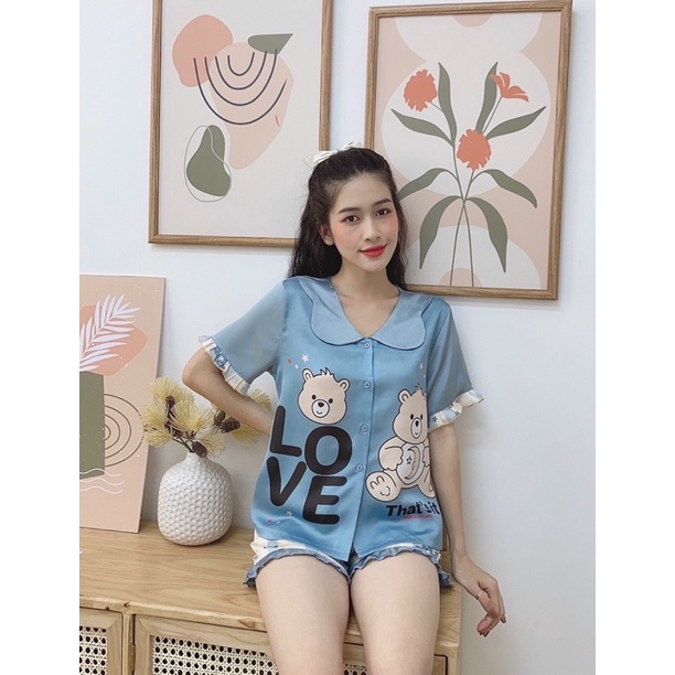 Đồ mặc nhà lụa satin quần đùi hoạ tiết gấu cute