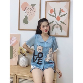 Đồ mặc nhà lụa satin quần đùi hoạ tiết gấu cute